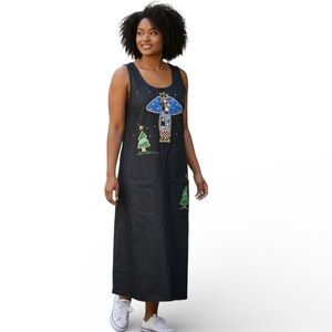 VTG Y2K Denim Midi Jumper Dress Sz L Appliquéd Country Angels Oversized Pockets